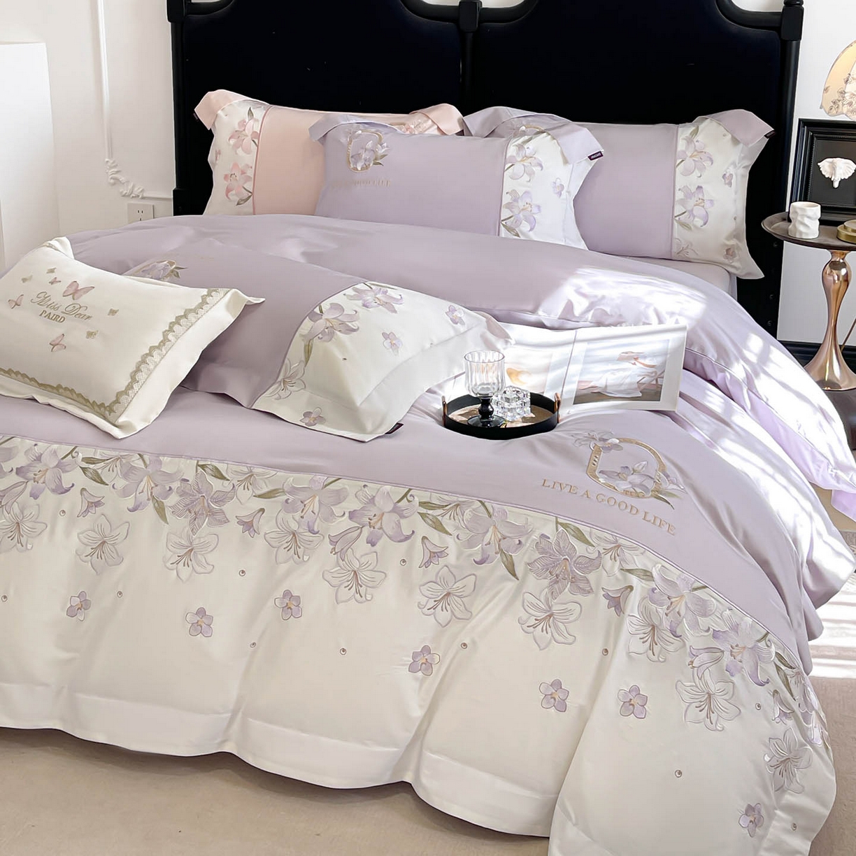 91家纺网 家纺一手货源 找家纺  2026新款特供款A类长绒棉纯棉四件套100全棉少女心刺绣被套床单床笠床上用品 花若梦-幽紫