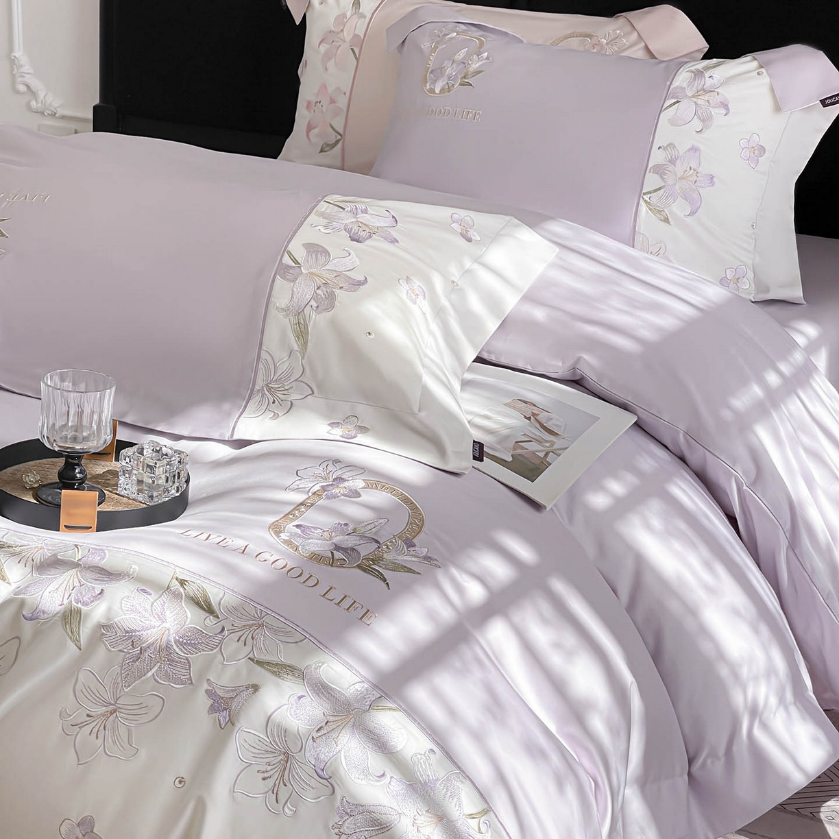 91家纺网 家纺一手货源 找家纺  2026新款特供款A类长绒棉纯棉四件套100全棉少女心刺绣被套床单床笠床上用品 花若梦-幽紫