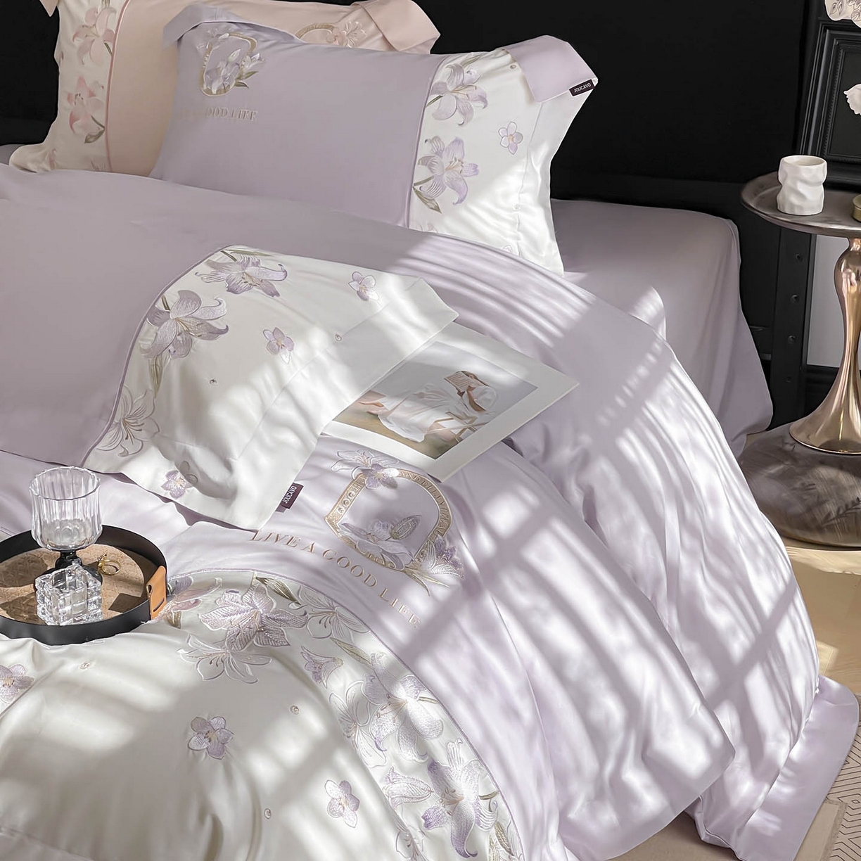 91家纺网 家纺一手货源 找家纺  2026新款特供款A类长绒棉纯棉四件套100全棉少女心刺绣被套床单床笠床上用品 花若梦-幽紫