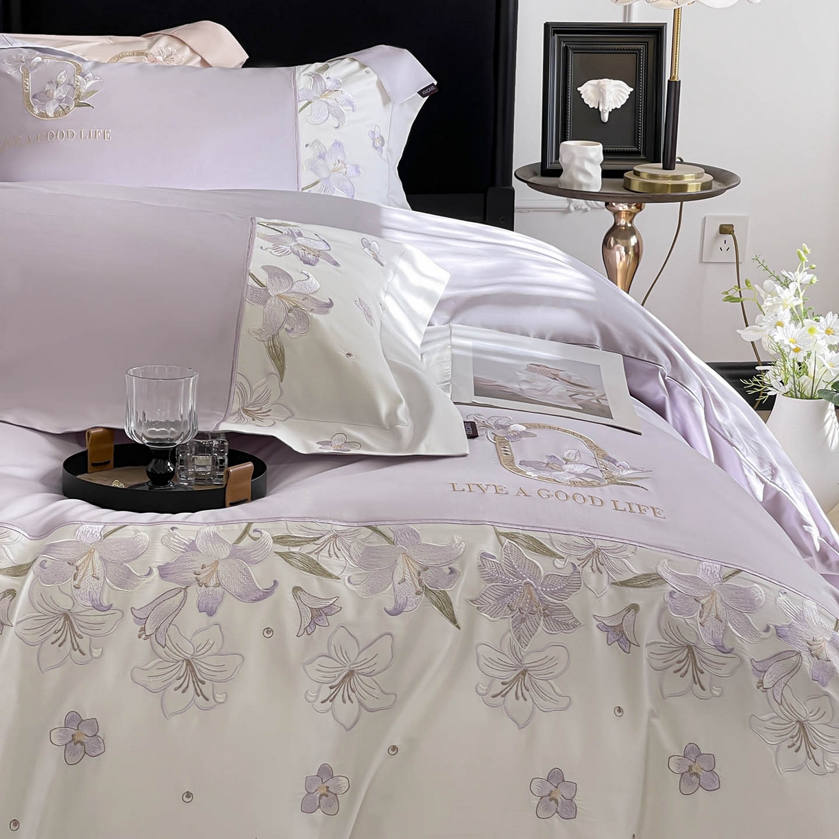 91家纺网 家纺一手货源 找家纺  2026新款特供款A类长绒棉纯棉四件套100全棉少女心刺绣被套床单床笠床上用品 花若梦-幽紫