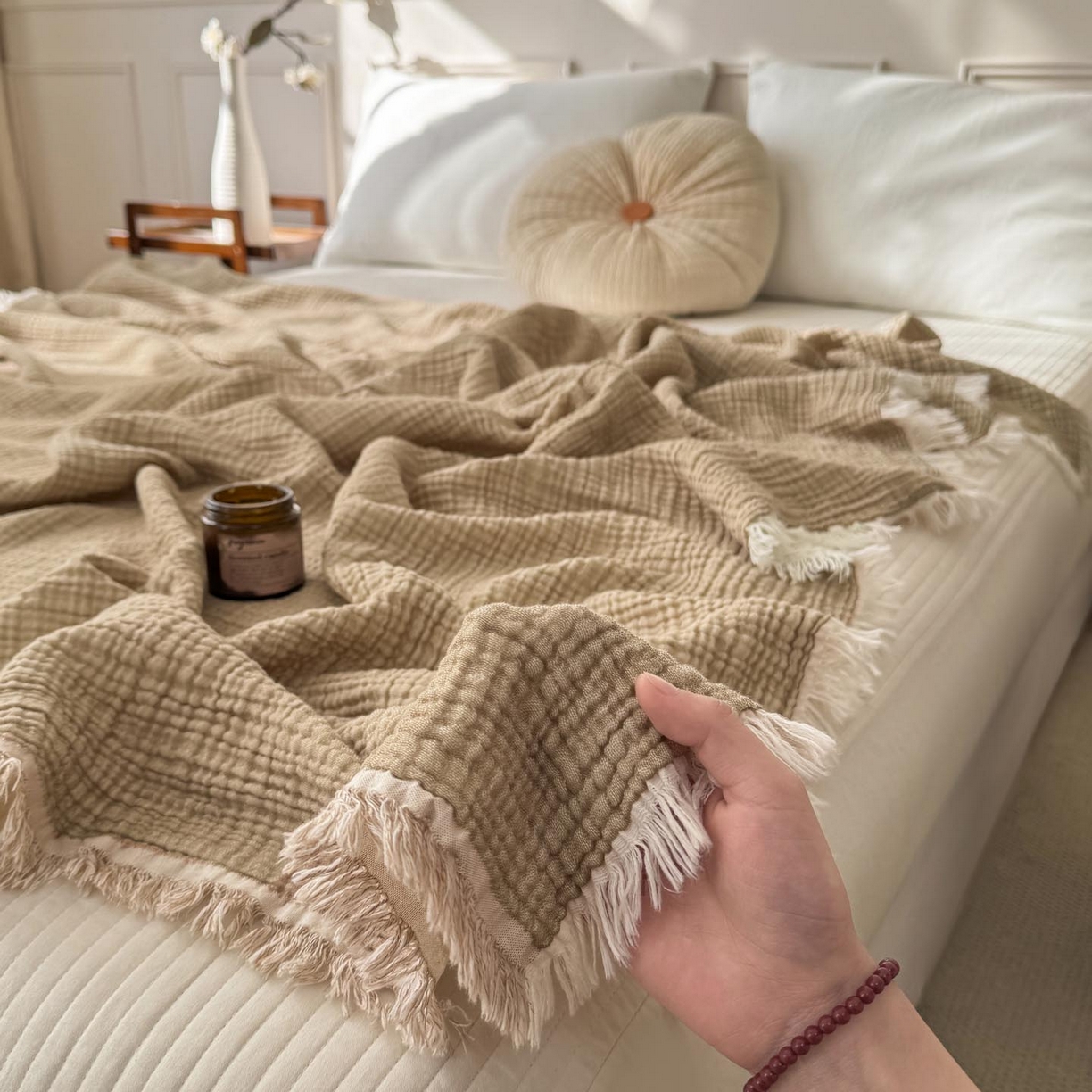 91家纺网 家纺一手货源 找家纺 （总）帅露家纺 2026新款全棉四层纱多功能盖毯毛毯