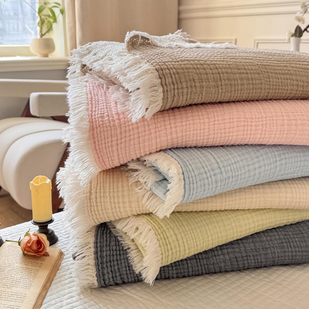 91家纺网 家纺一手货源 找家纺 （总）帅露家纺 2026新款全棉四层纱多功能盖毯毛毯