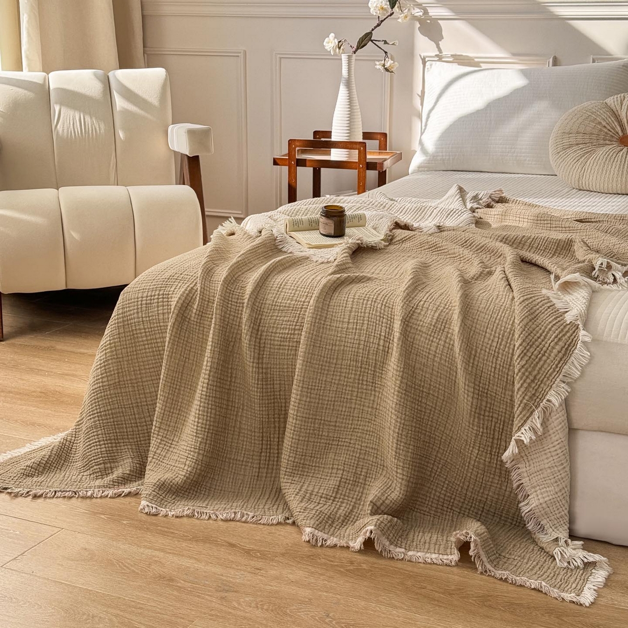 91家纺网 家纺一手货源 找家纺 （总）帅露家纺 2026新款全棉四层纱多功能盖毯毛毯