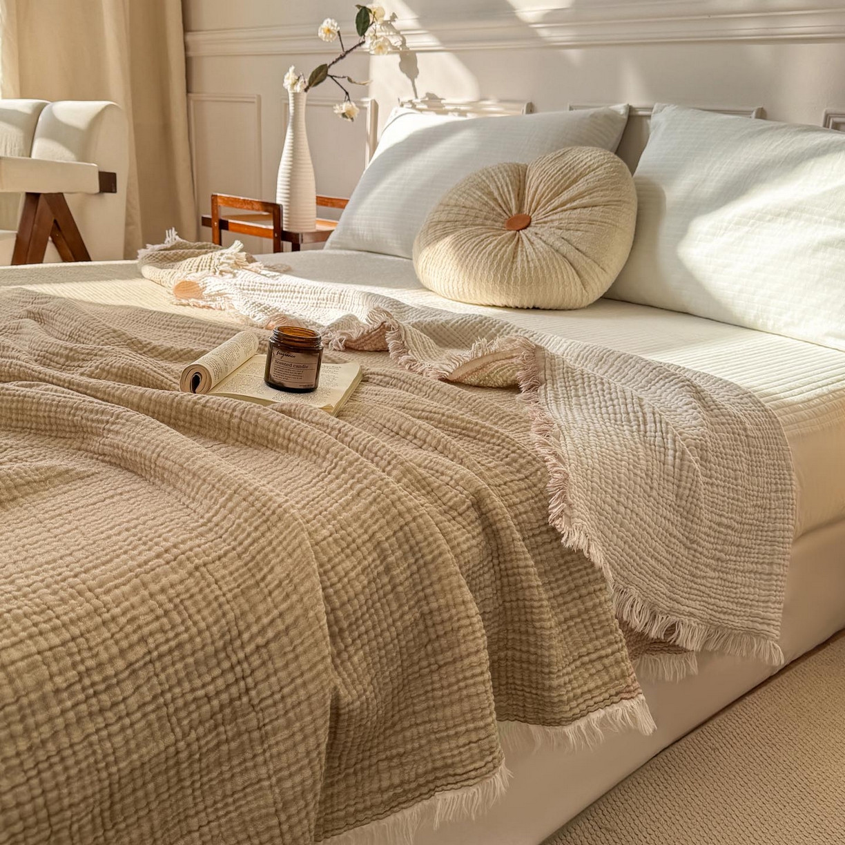 91家纺网 家纺一手货源 找家纺 （总）帅露家纺 2026新款全棉四层纱多功能盖毯毛毯