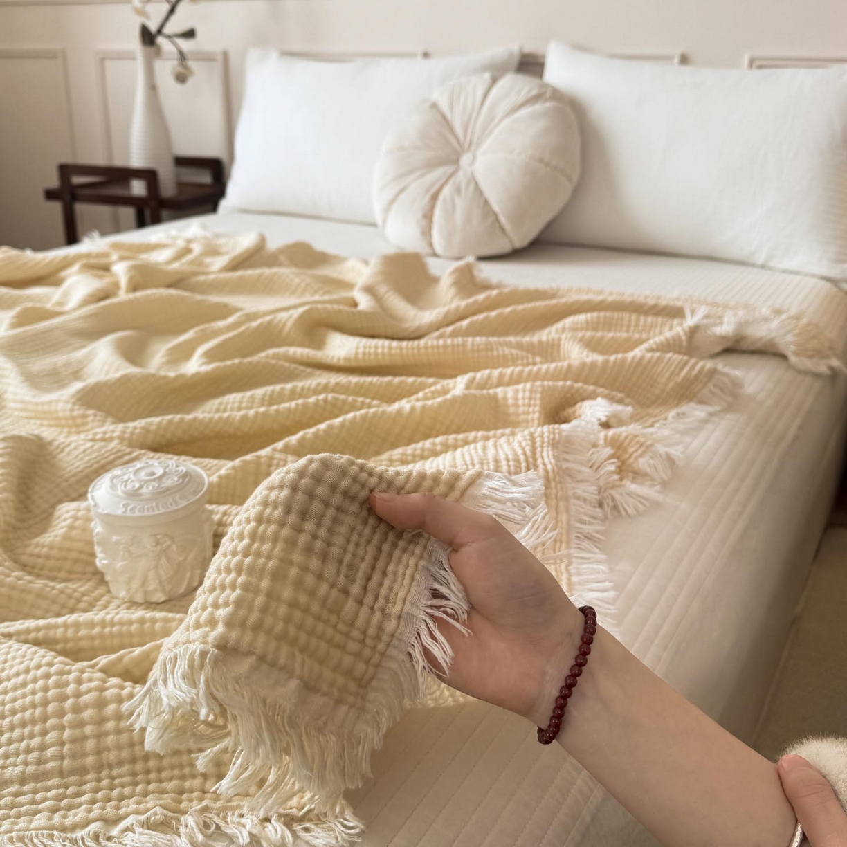 91家纺网 家纺一手货源 找家纺 帅露家纺 2026新款全棉四层纱多功能盖毯毛毯 象牙白