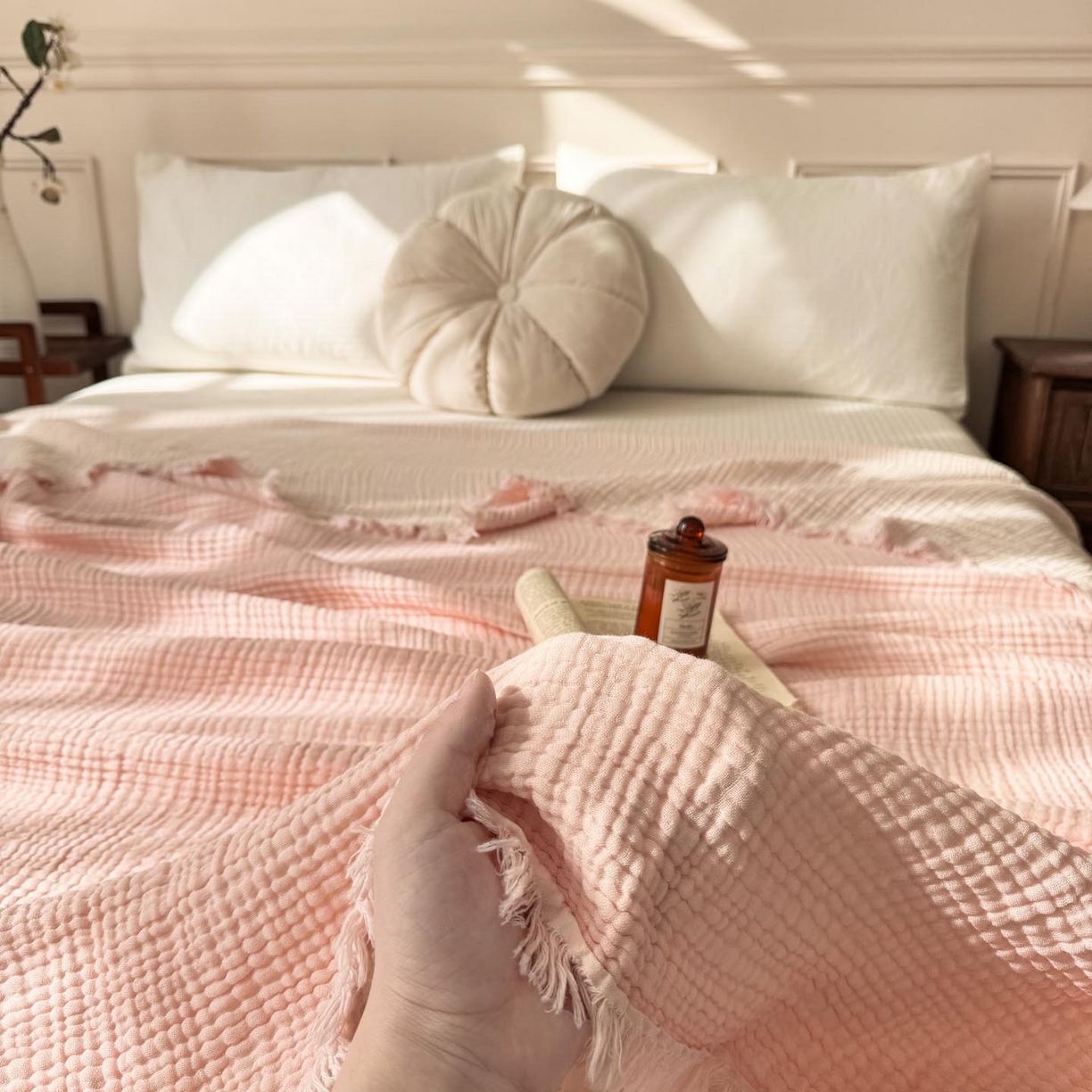 帅露家纺 2026新款全棉四层纱多功能盖毯毛毯 优雅粉