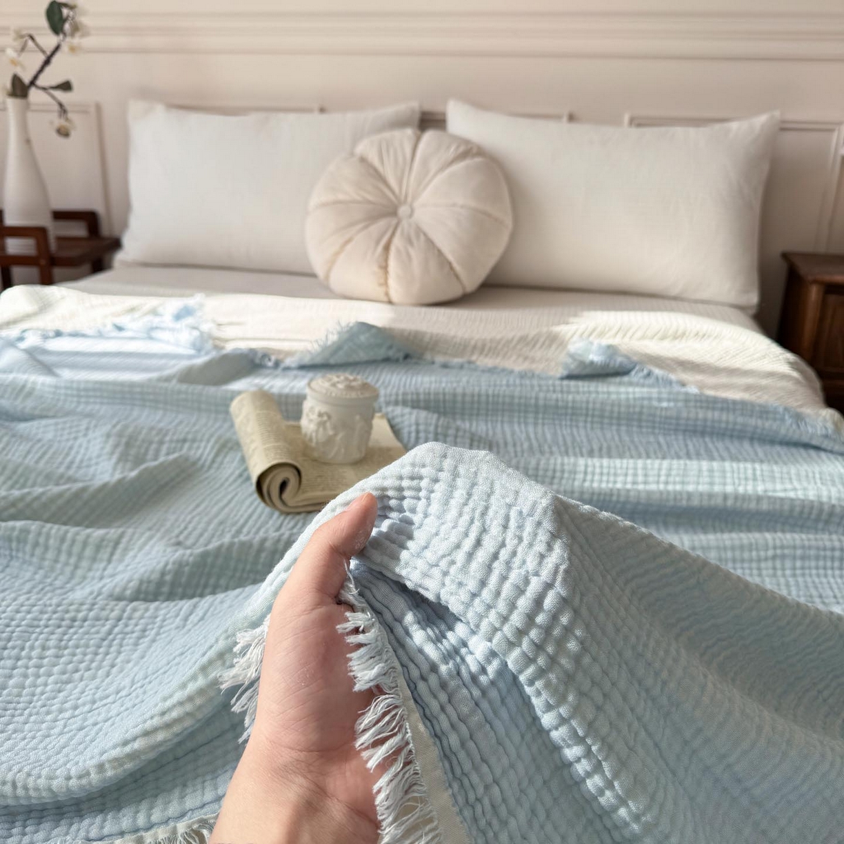 帅露家纺 2026新款全棉四层纱多功能盖毯毛毯 天湖蓝