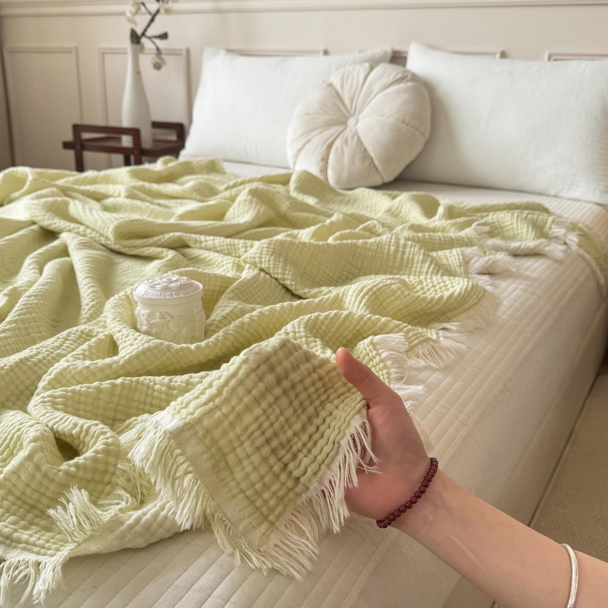 91家纺网 家纺一手货源 找家纺 帅露家纺 2026新款全棉四层纱多功能盖毯毛毯 牛油绿