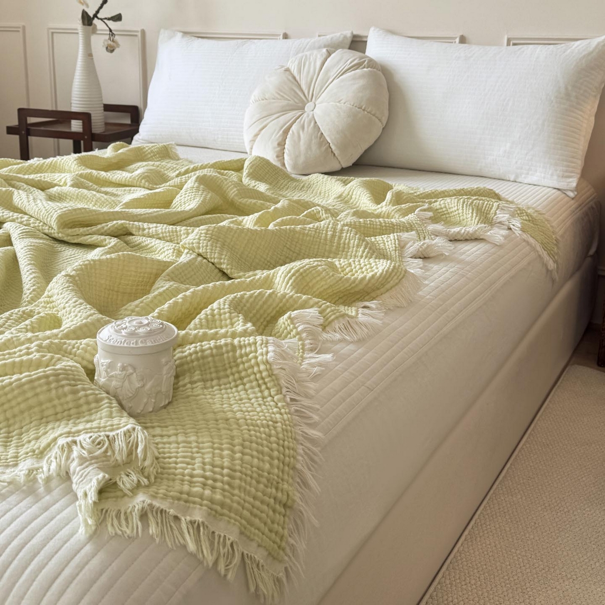 91家纺网 家纺一手货源 找家纺 帅露家纺 2026新款全棉四层纱多功能盖毯毛毯 牛油绿