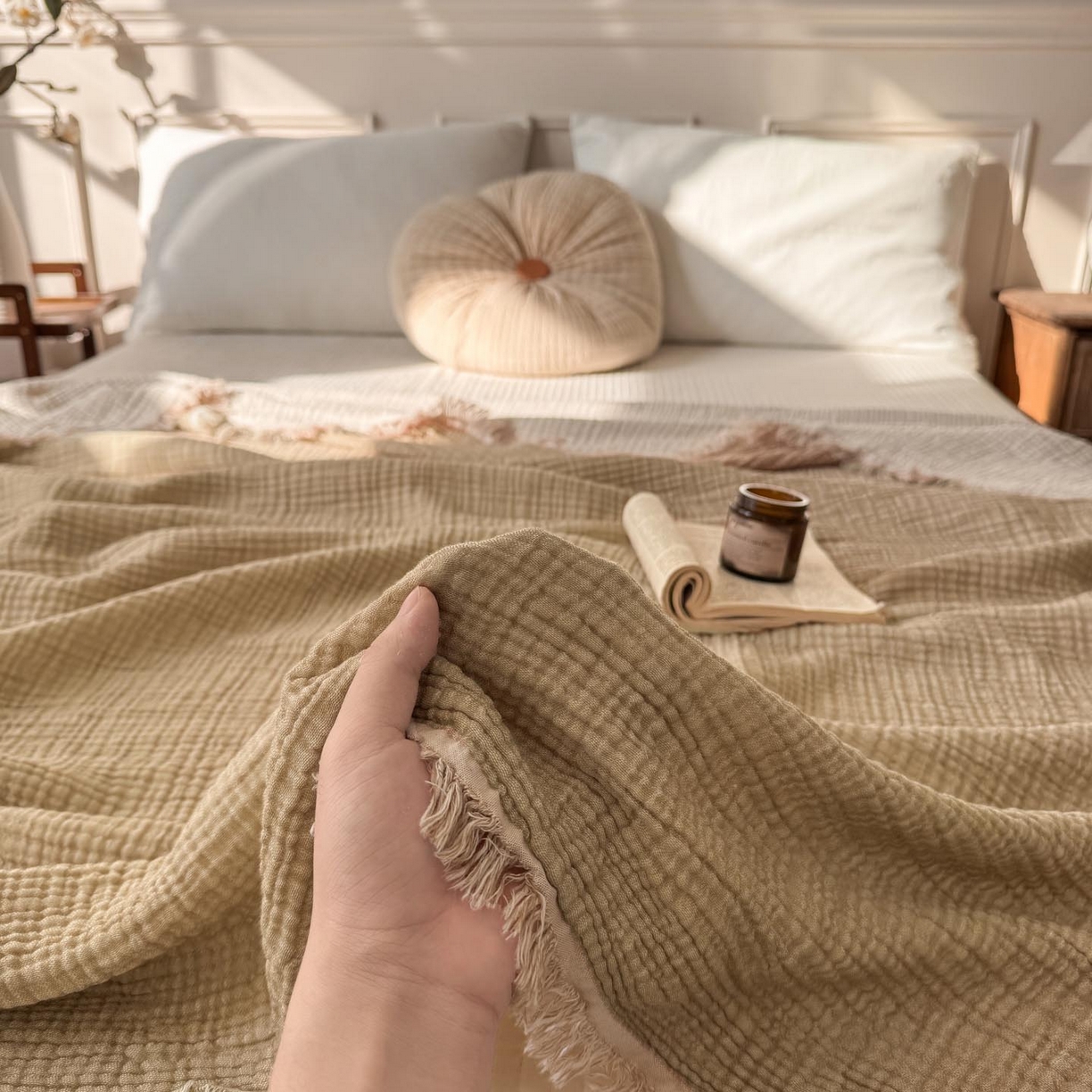 帅露家纺 2026新款全棉四层纱多功能盖毯毛毯 卡其