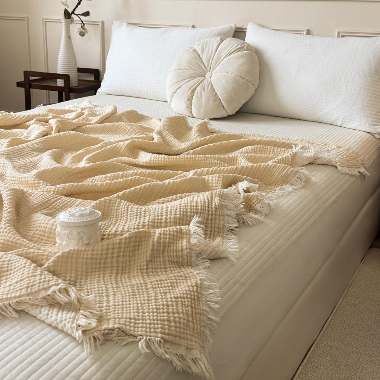 91家纺网 家纺一手货源 找家纺 帅露家纺 2026新款全棉四层纱多功能盖毯毛毯 象牙白