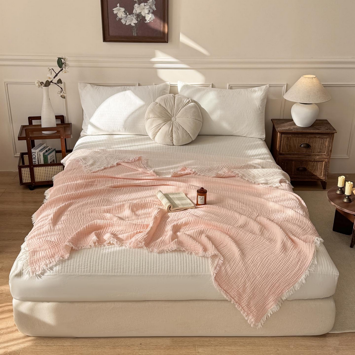 91家纺网 家纺一手货源 找家纺 帅露家纺 2026新款全棉四层纱多功能盖毯毛毯 优雅粉