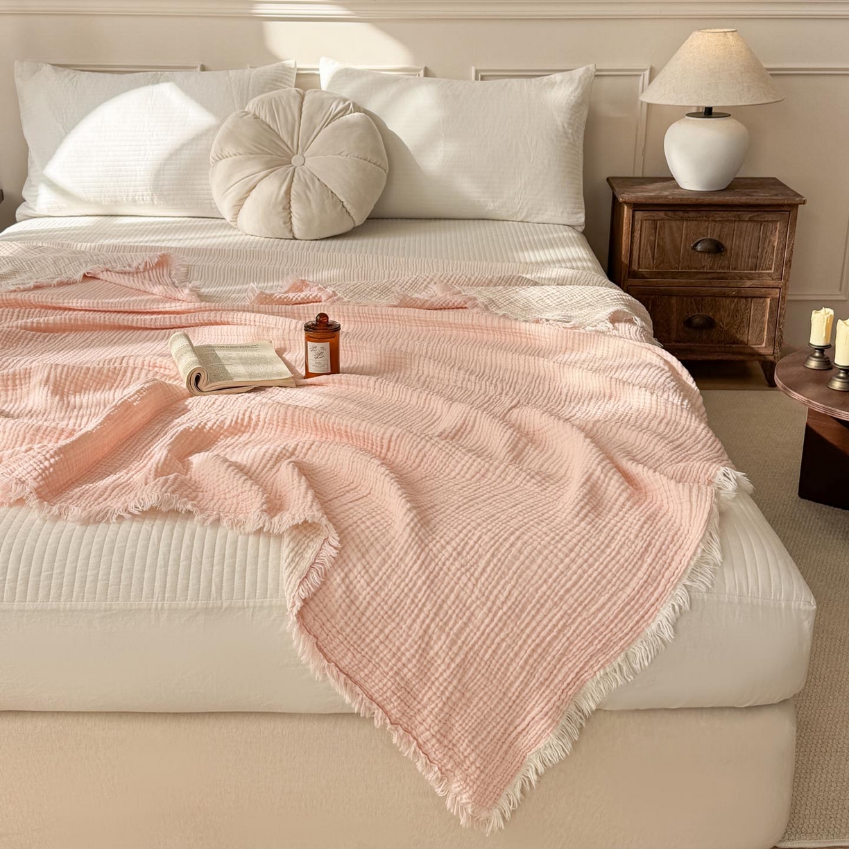 91家纺网 家纺一手货源 找家纺 帅露家纺 2026新款全棉四层纱多功能盖毯毛毯 优雅粉