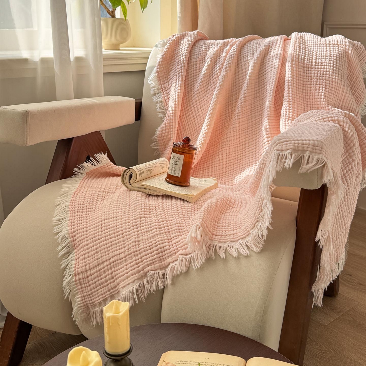 91家纺网 家纺一手货源 找家纺 帅露家纺 2026新款全棉四层纱多功能盖毯毛毯 优雅粉