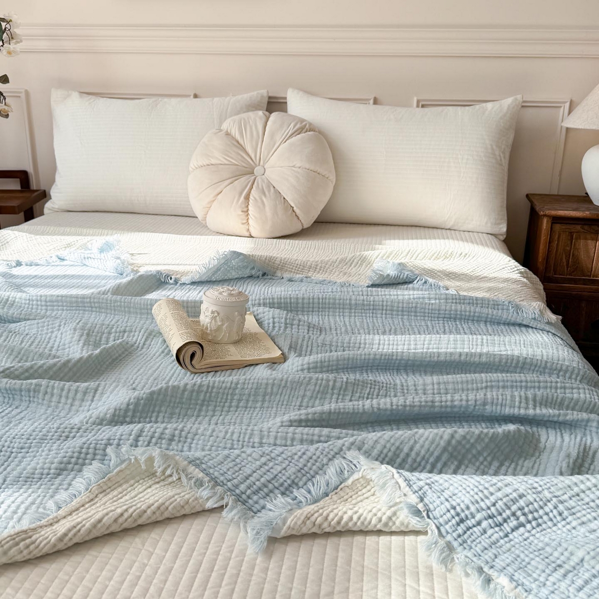 91家纺网 家纺一手货源 找家纺 帅露家纺 2026新款全棉四层纱多功能盖毯毛毯 天湖蓝