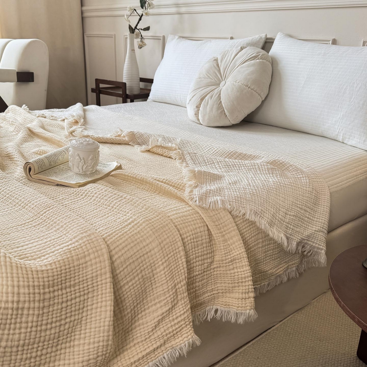 91家纺网 家纺一手货源 找家纺 帅露家纺 2026新款全棉四层纱多功能盖毯毛毯 象牙白