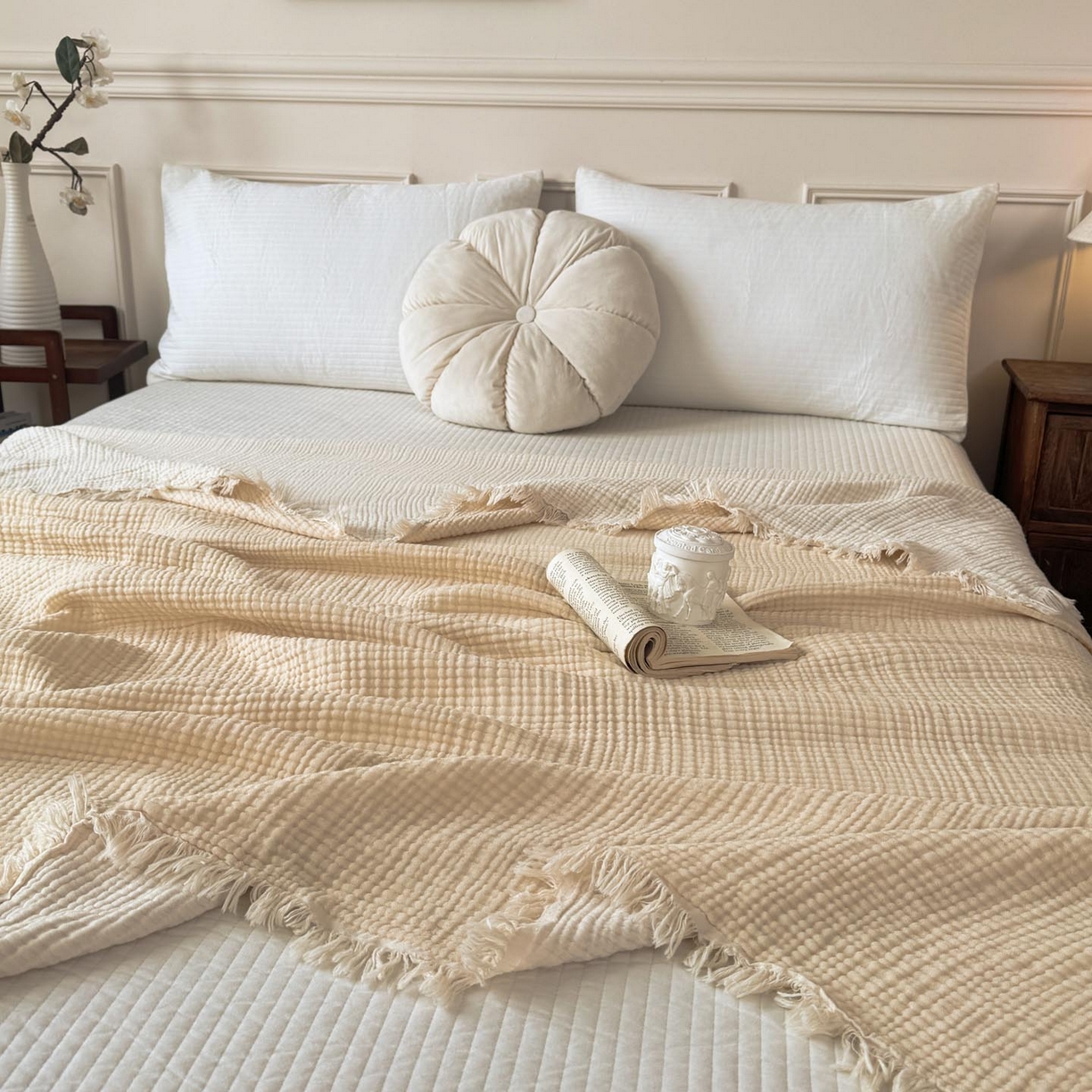 91家纺网 家纺一手货源 找家纺 帅露家纺 2026新款全棉四层纱多功能盖毯毛毯 象牙白