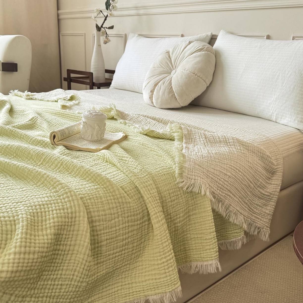 91家纺网 家纺一手货源 找家纺 帅露家纺 2026新款全棉四层纱多功能盖毯毛毯 牛油绿