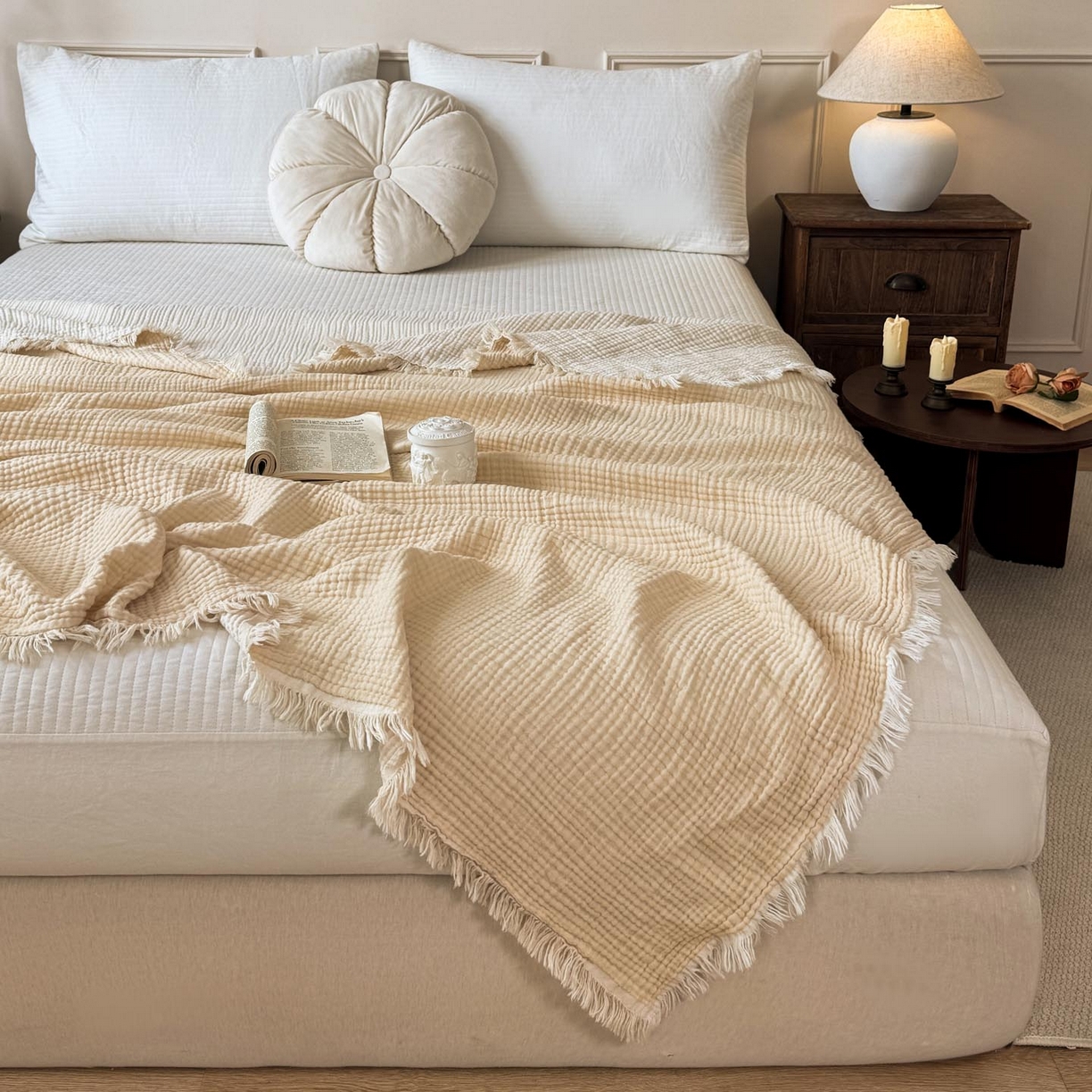 91家纺网 家纺一手货源 找家纺 帅露家纺 2026新款全棉四层纱多功能盖毯毛毯 象牙白