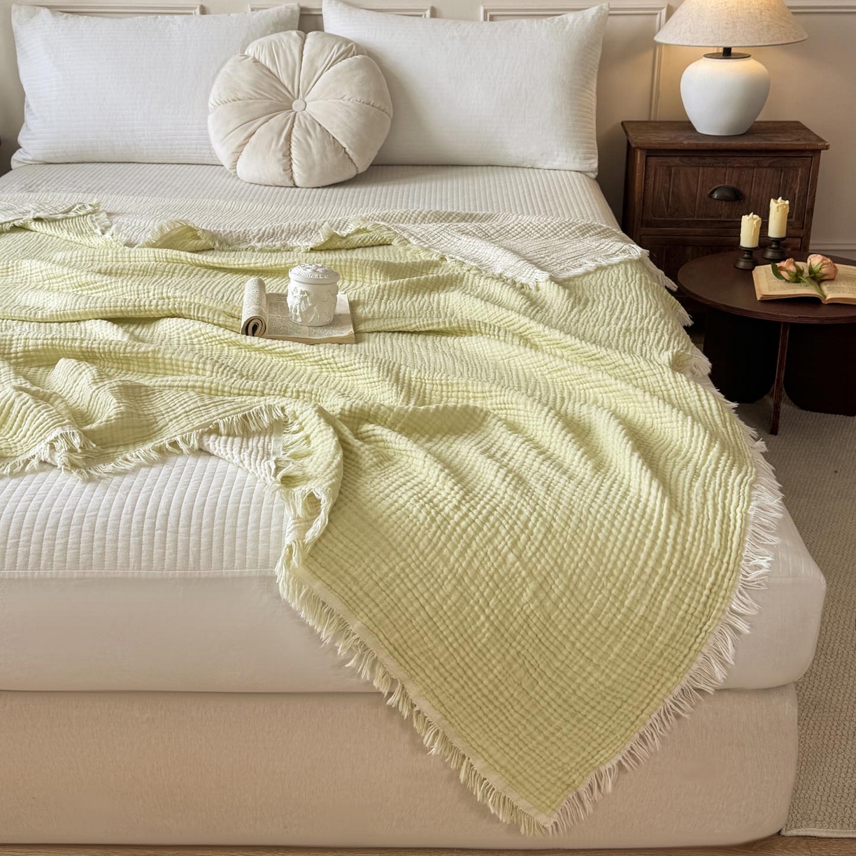 91家纺网 家纺一手货源 找家纺 帅露家纺 2026新款全棉四层纱多功能盖毯毛毯 牛油绿