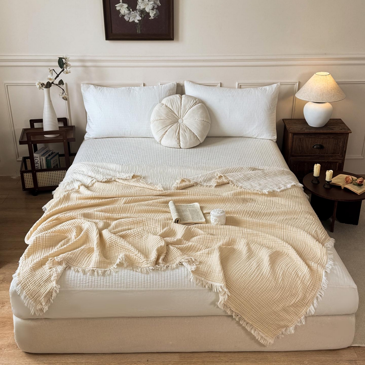 91家纺网 家纺一手货源 找家纺 帅露家纺 2026新款全棉四层纱多功能盖毯毛毯 象牙白