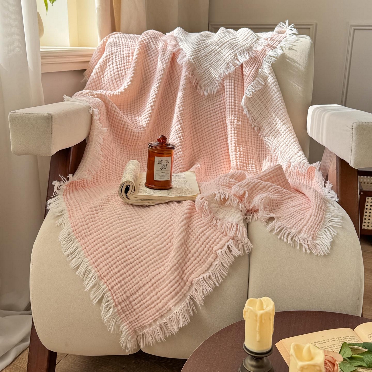 91家纺网 家纺一手货源 找家纺 帅露家纺 2026新款全棉四层纱多功能盖毯毛毯 优雅粉