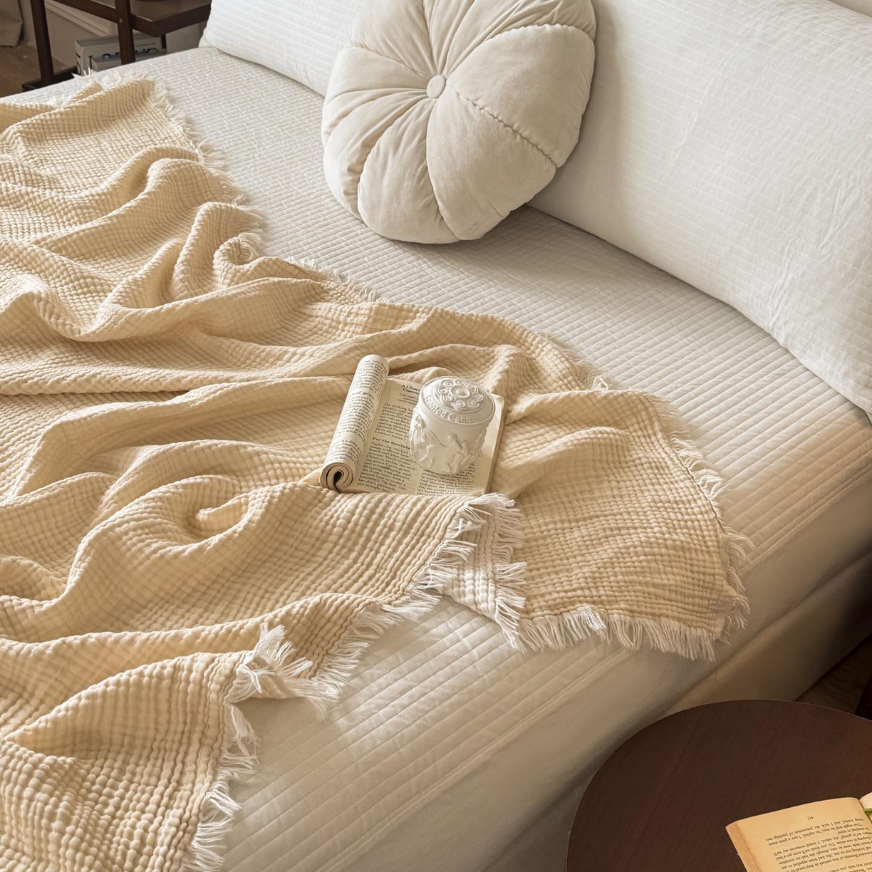 91家纺网 家纺一手货源 找家纺 帅露家纺 2026新款全棉四层纱多功能盖毯毛毯 象牙白