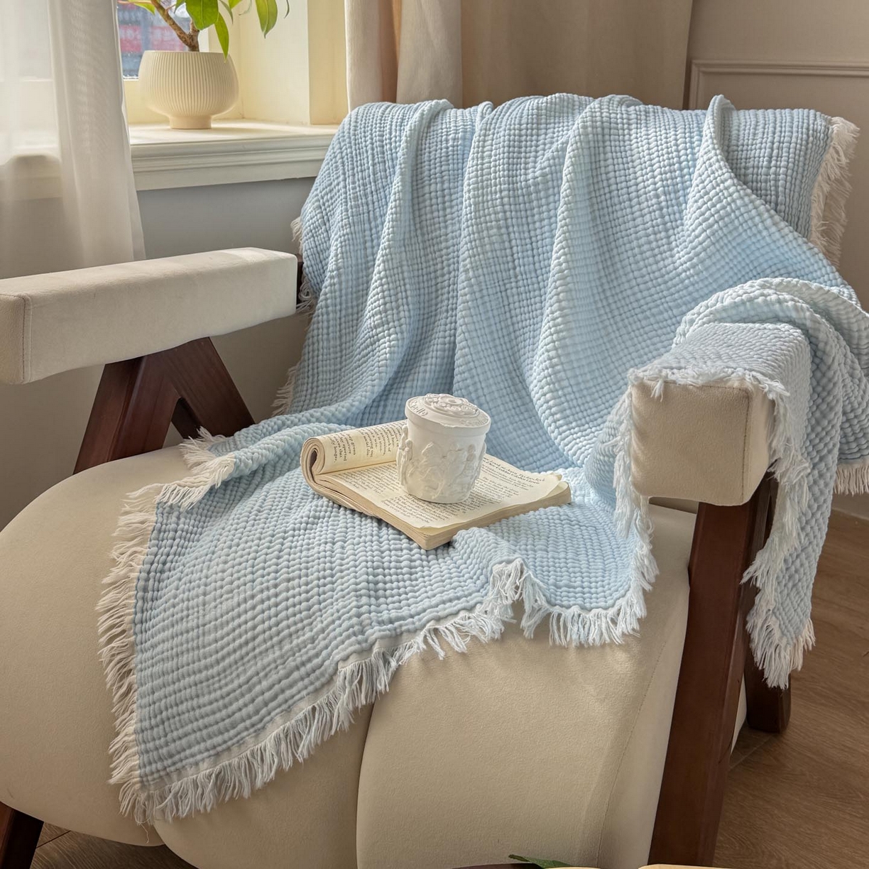 91家纺网 家纺一手货源 找家纺 帅露家纺 2026新款全棉四层纱多功能盖毯毛毯 天湖蓝