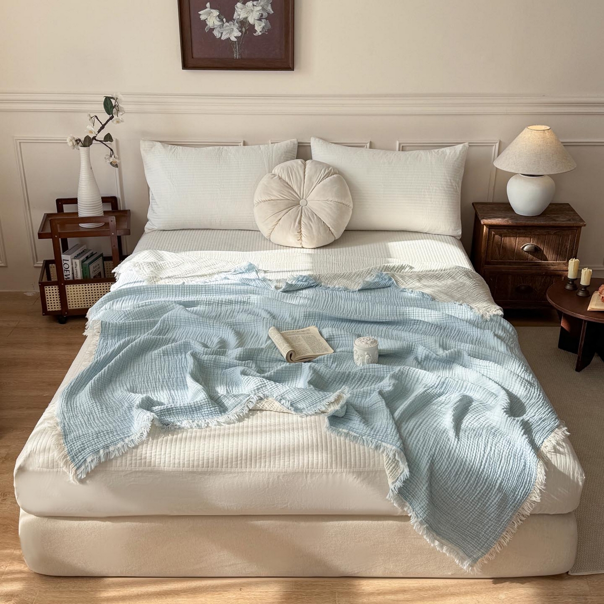 91家纺网 家纺一手货源 找家纺 帅露家纺 2026新款全棉四层纱多功能盖毯毛毯 天湖蓝