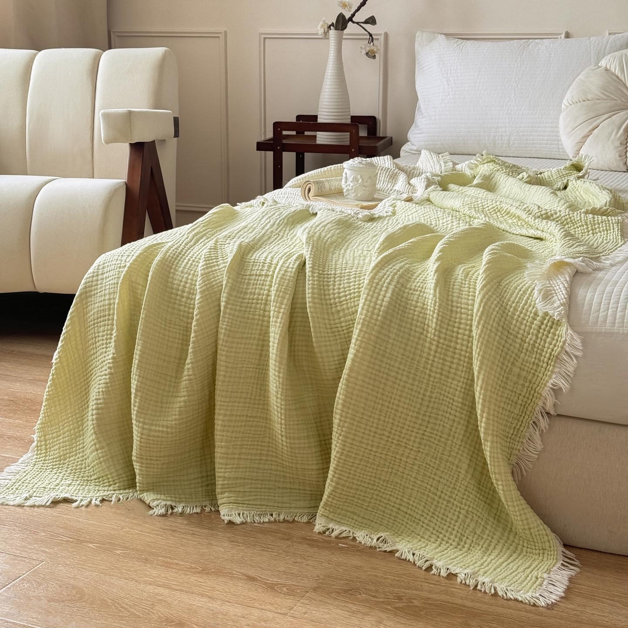 91家纺网 家纺一手货源 找家纺 帅露家纺 2026新款全棉四层纱多功能盖毯毛毯 牛油绿