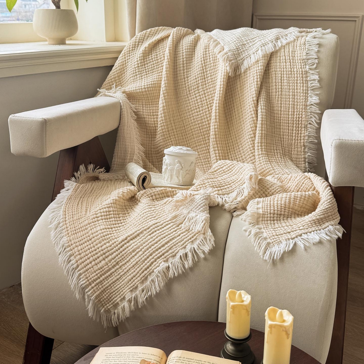 91家纺网 家纺一手货源 找家纺 帅露家纺 2026新款全棉四层纱多功能盖毯毛毯 象牙白