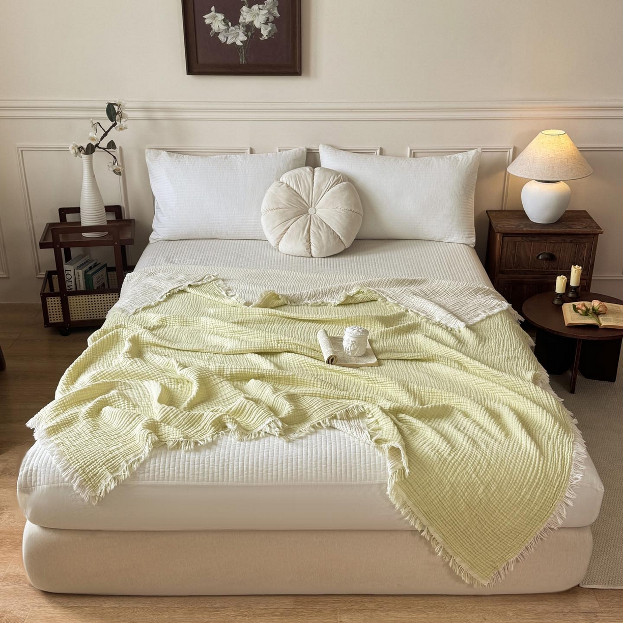 91家纺网 家纺一手货源 找家纺 帅露家纺 2026新款全棉四层纱多功能盖毯毛毯 牛油绿