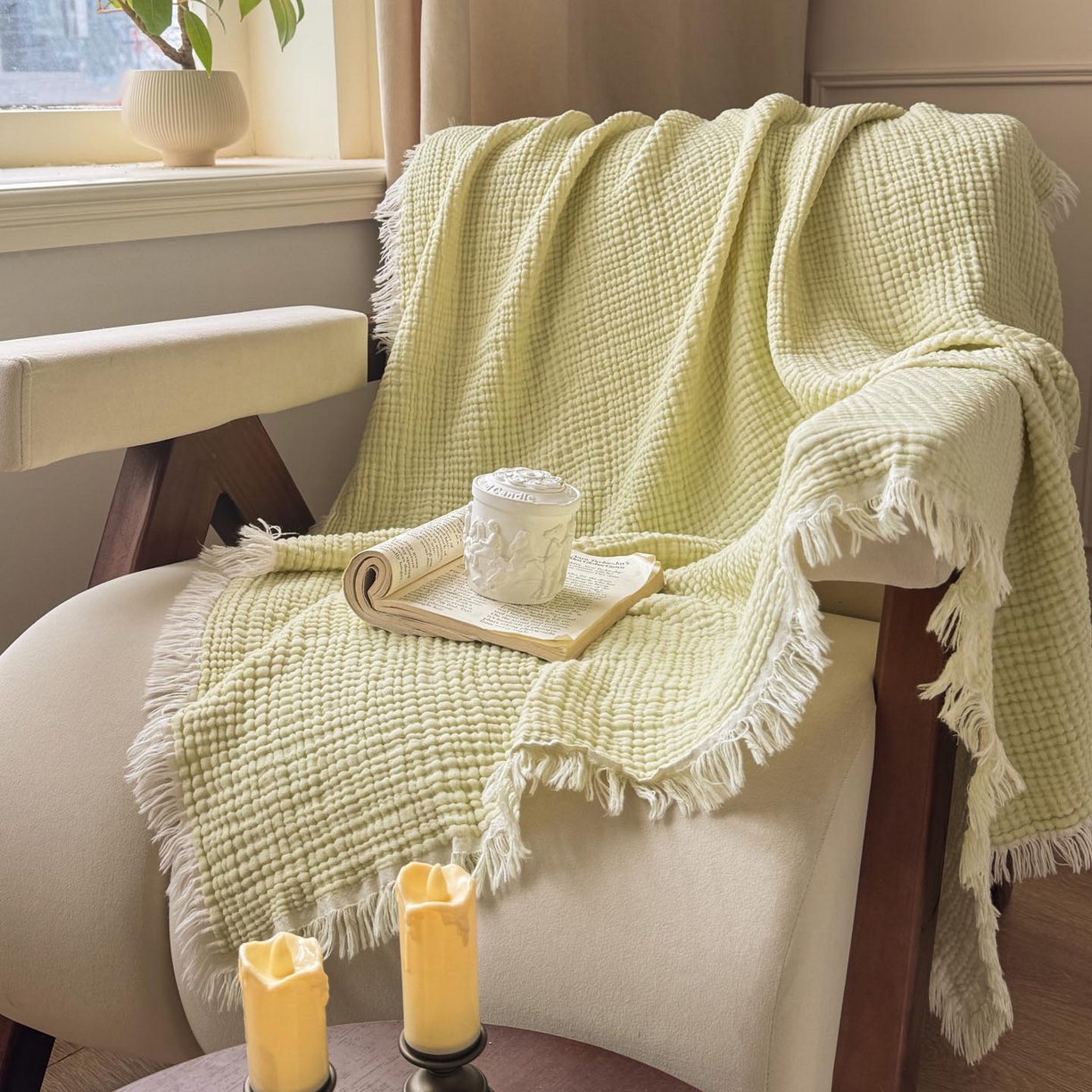 91家纺网 家纺一手货源 找家纺 帅露家纺 2026新款全棉四层纱多功能盖毯毛毯 牛油绿