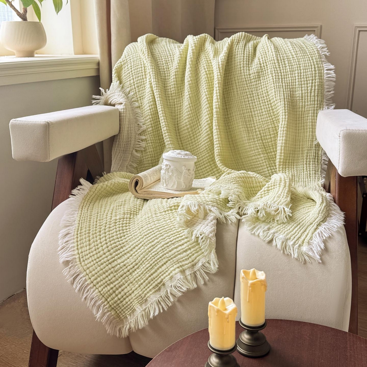 91家纺网 家纺一手货源 找家纺 帅露家纺 2026新款全棉四层纱多功能盖毯毛毯 牛油绿