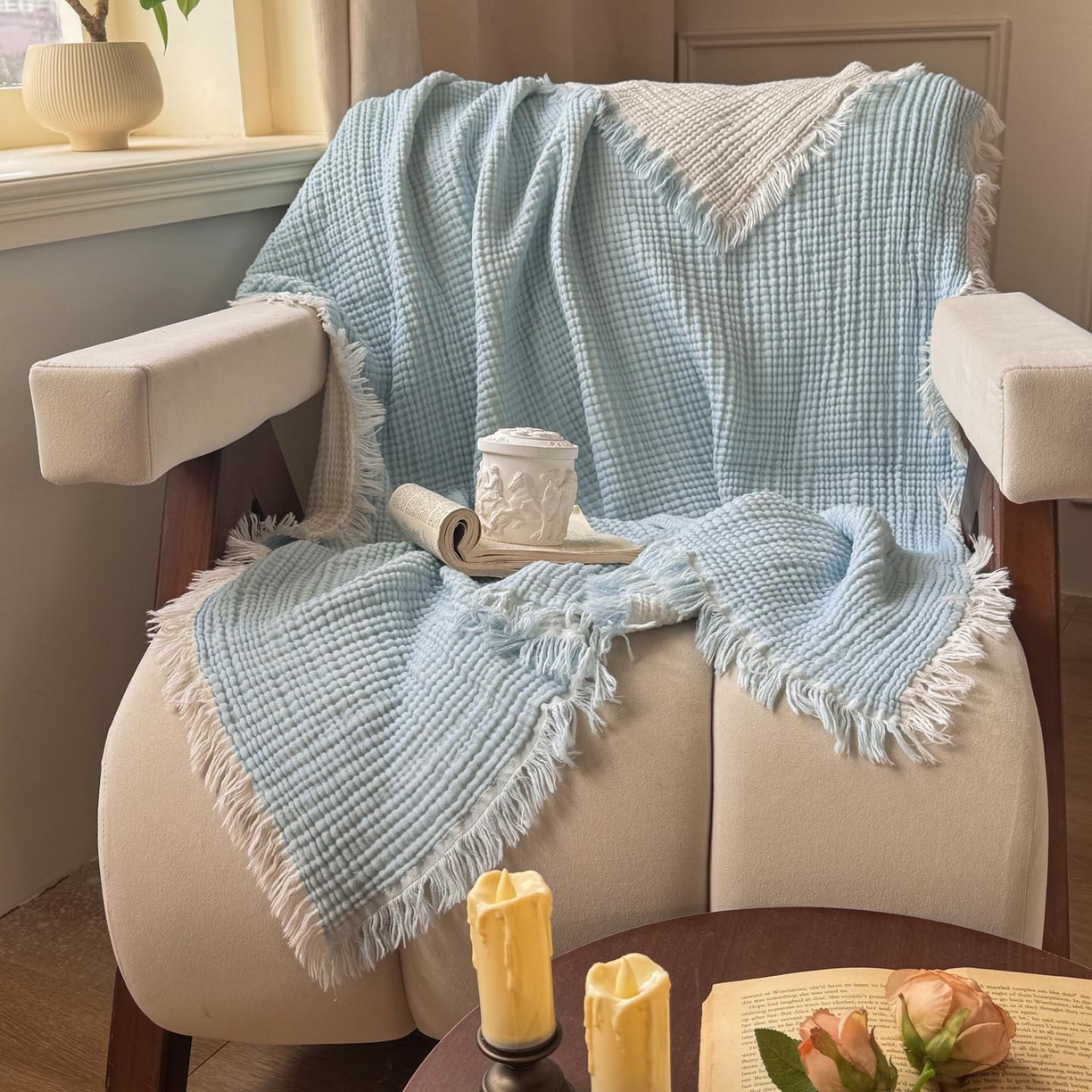 91家纺网 家纺一手货源 找家纺 帅露家纺 2026新款全棉四层纱多功能盖毯毛毯 天湖蓝