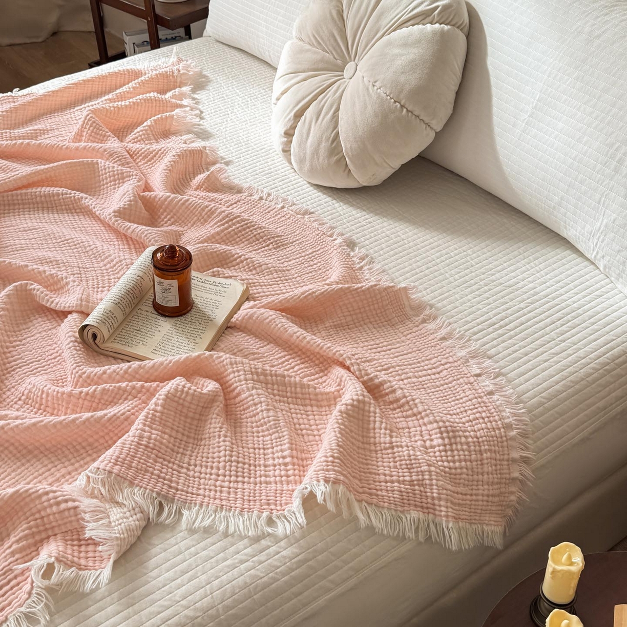 91家纺网 家纺一手货源 找家纺 帅露家纺 2026新款全棉四层纱多功能盖毯毛毯 优雅粉