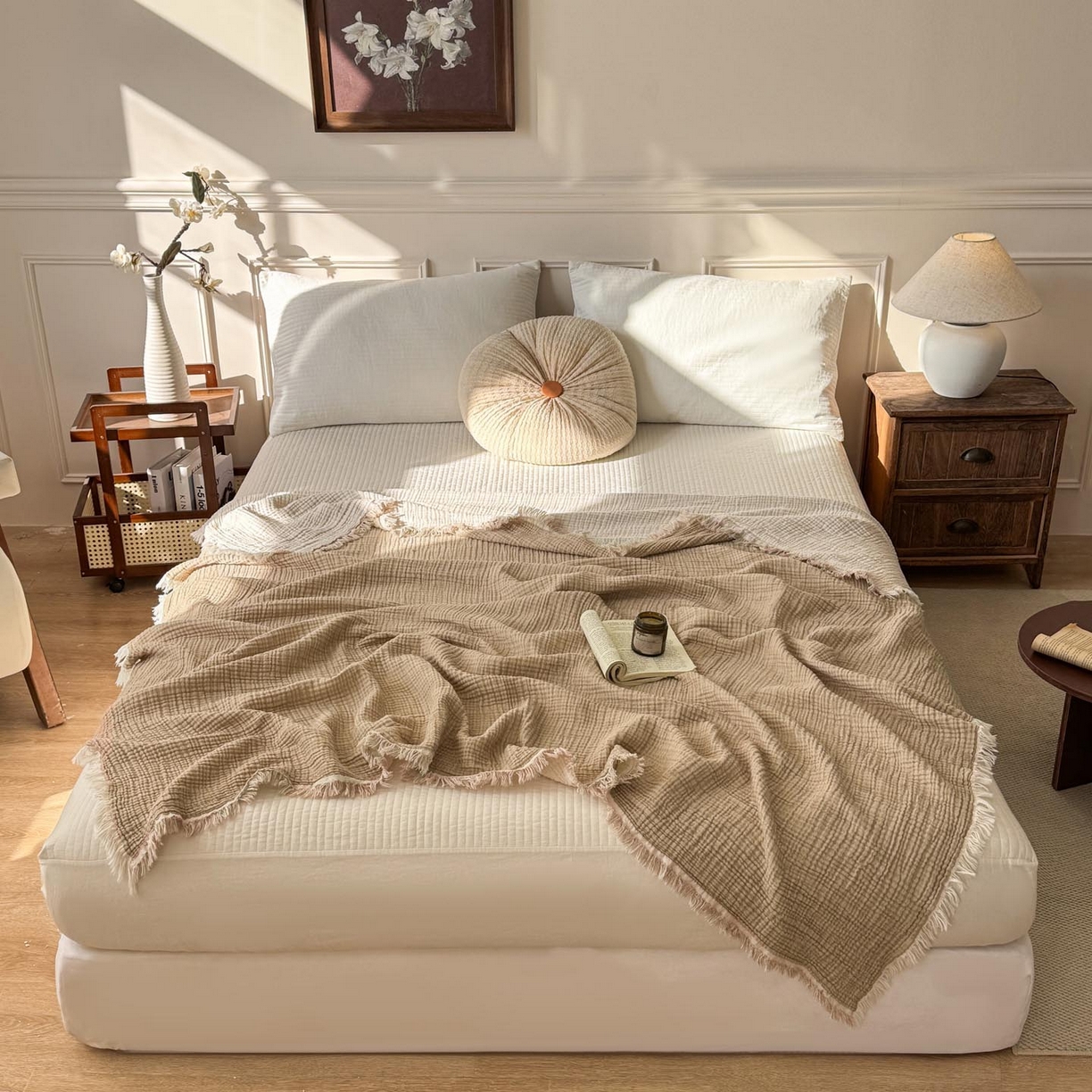 91家纺网 家纺一手货源 找家纺 帅露家纺 2026新款全棉四层纱多功能盖毯毛毯 卡其