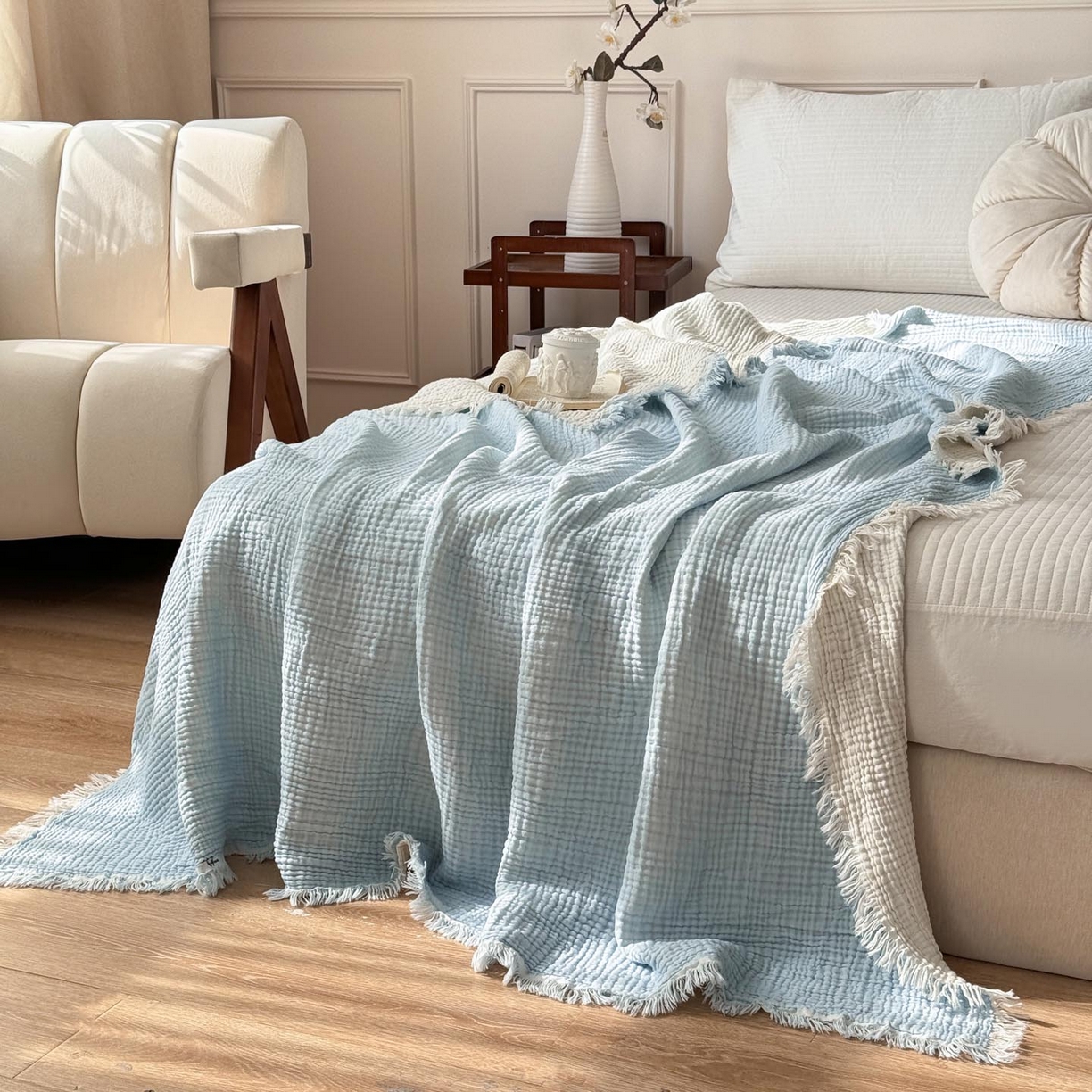 91家纺网 家纺一手货源 找家纺 帅露家纺 2026新款全棉四层纱多功能盖毯毛毯 天湖蓝