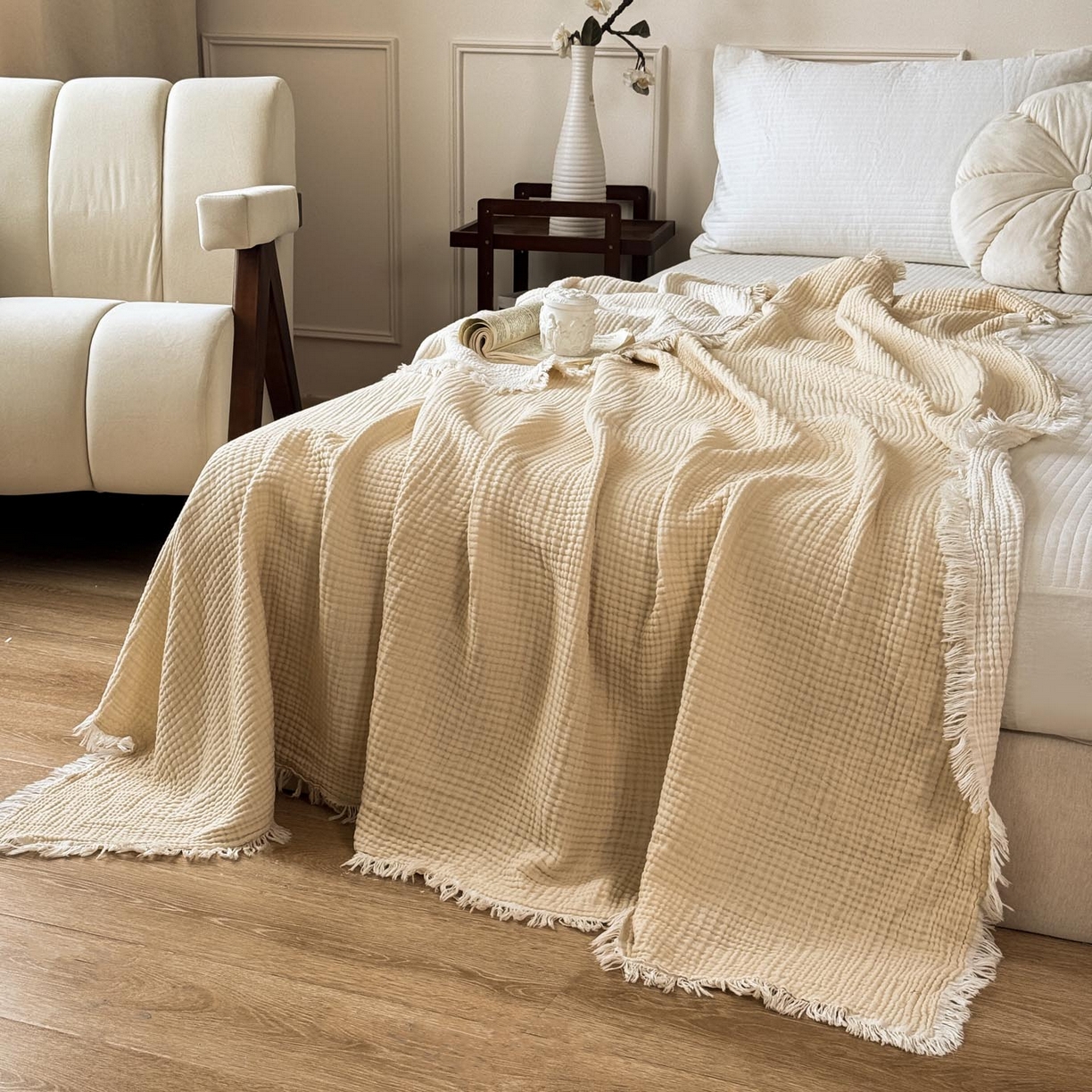 91家纺网 家纺一手货源 找家纺 帅露家纺 2026新款全棉四层纱多功能盖毯毛毯 象牙白