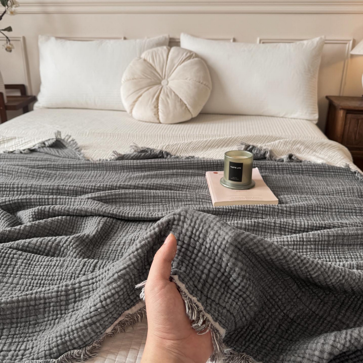 帅露家纺 2026新款全棉四层纱多功能盖毯毛毯 气质灰