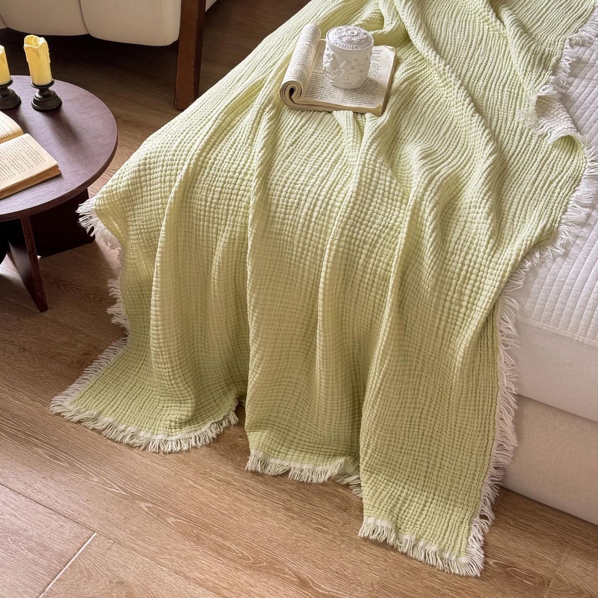 91家纺网 家纺一手货源 找家纺 帅露家纺 2026新款全棉四层纱多功能盖毯毛毯 牛油绿