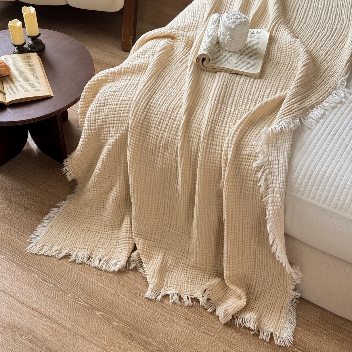 91家纺网 家纺一手货源 找家纺 帅露家纺 2026新款全棉四层纱多功能盖毯毛毯 象牙白