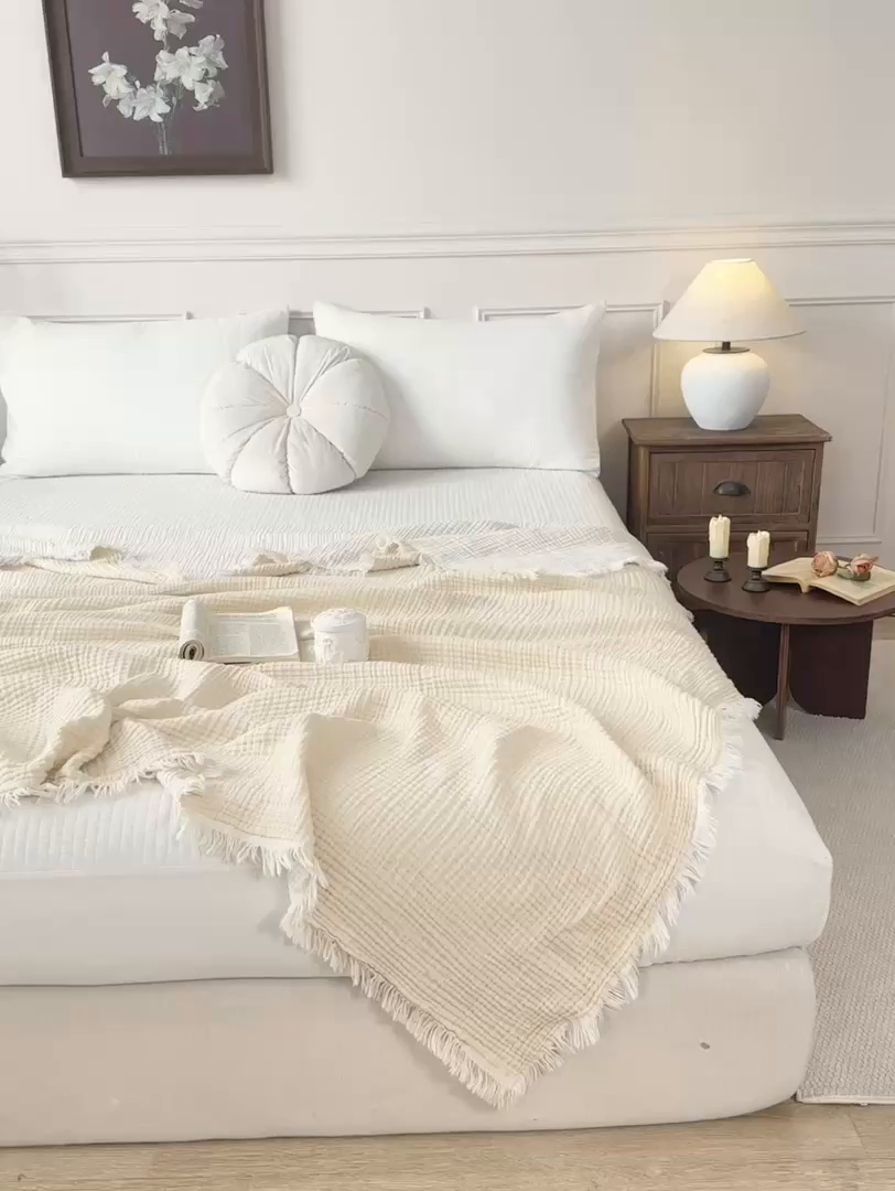 91家纺网 家纺一手货源 找家纺 帅露家纺 2026新款全棉四层纱多功能盖毯毛毯 象牙白