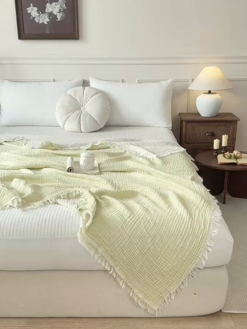 91家纺网 家纺一手货源 找家纺 帅露家纺 2026新款全棉四层纱多功能盖毯毛毯 牛油绿