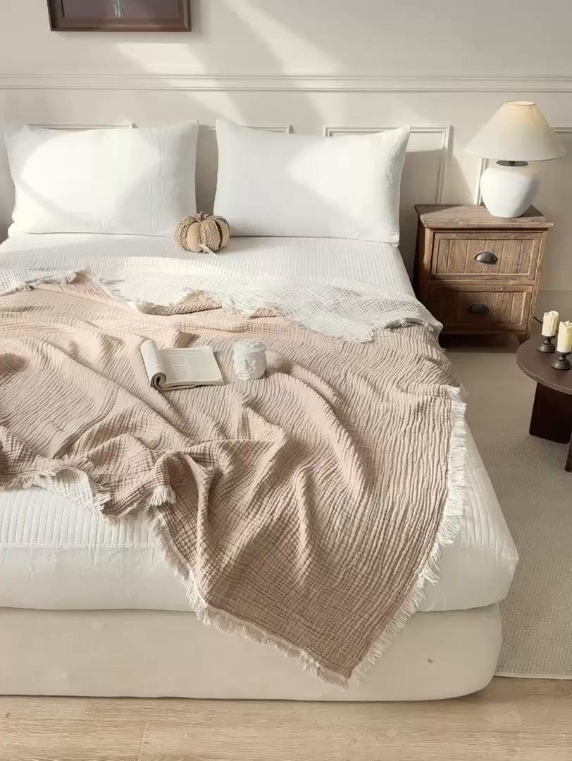 91家纺网 家纺一手货源 找家纺 （总）帅露家纺 2026新款全棉四层纱多功能盖毯毛毯