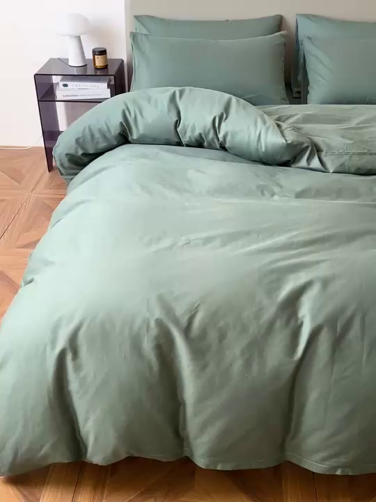 91家纺网 家纺一手货源 找家纺 盛馨家纺 2026新款40长绒棉ins美拉德色系纯色双拼全棉单品四件套单人纯色三件套 松绿