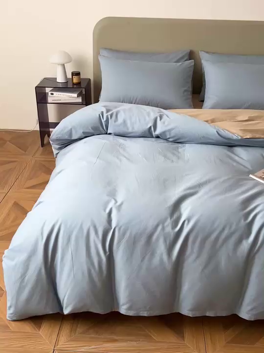 91家纺网 家纺一手货源 找家纺 盛馨家纺 2026新款40长绒棉ins美拉德色系纯色双拼全棉单品四件套单人纯色三件套 晴蓝+奶茶