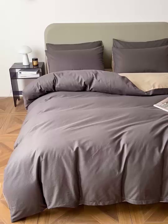 91家纺网 家纺一手货源 找家纺 盛馨家纺 2026新款40长绒棉ins美拉德色系纯色双拼全棉单品四件套单人纯色三件套 深麻灰+白茶