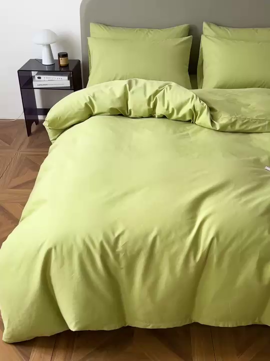 91家纺网 家纺一手货源 找家纺 盛馨家纺 2026新款40长绒棉ins美拉德色系纯色双拼全棉单品四件套单人纯色三件套 豆绿