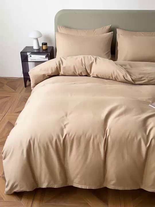 91家纺网 家纺一手货源 找家纺 盛馨家纺 2026新款40长绒棉ins美拉德色系纯色双拼全棉单品四件套单人纯色三件套 白茶